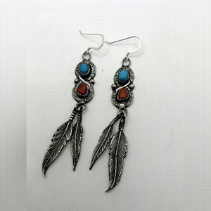 Vtg Navajo Sterling Silver Turquoise Coral Infinity Feather Dangle Earrings 3.1”